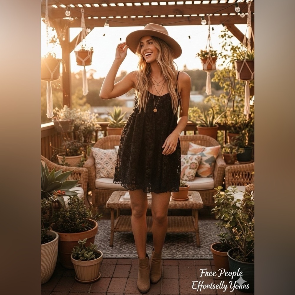 NWT Free People Black Mini Lace Boho Festive Dress size M